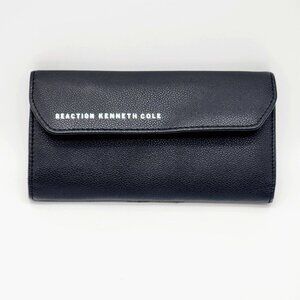 Kenneth Cole Reaction Wallet Black Clutch Trifold Vegan Leather Snap Inside Zip
